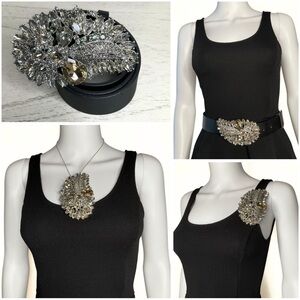 CAbi Silver Tone Rhinestone Brooch Pin Pendant Black Belt Womens SZ M Statement